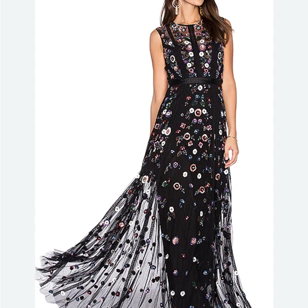 Needle & Thread Black Floral Beaded Sequined Embellished Maxi Gown Dress